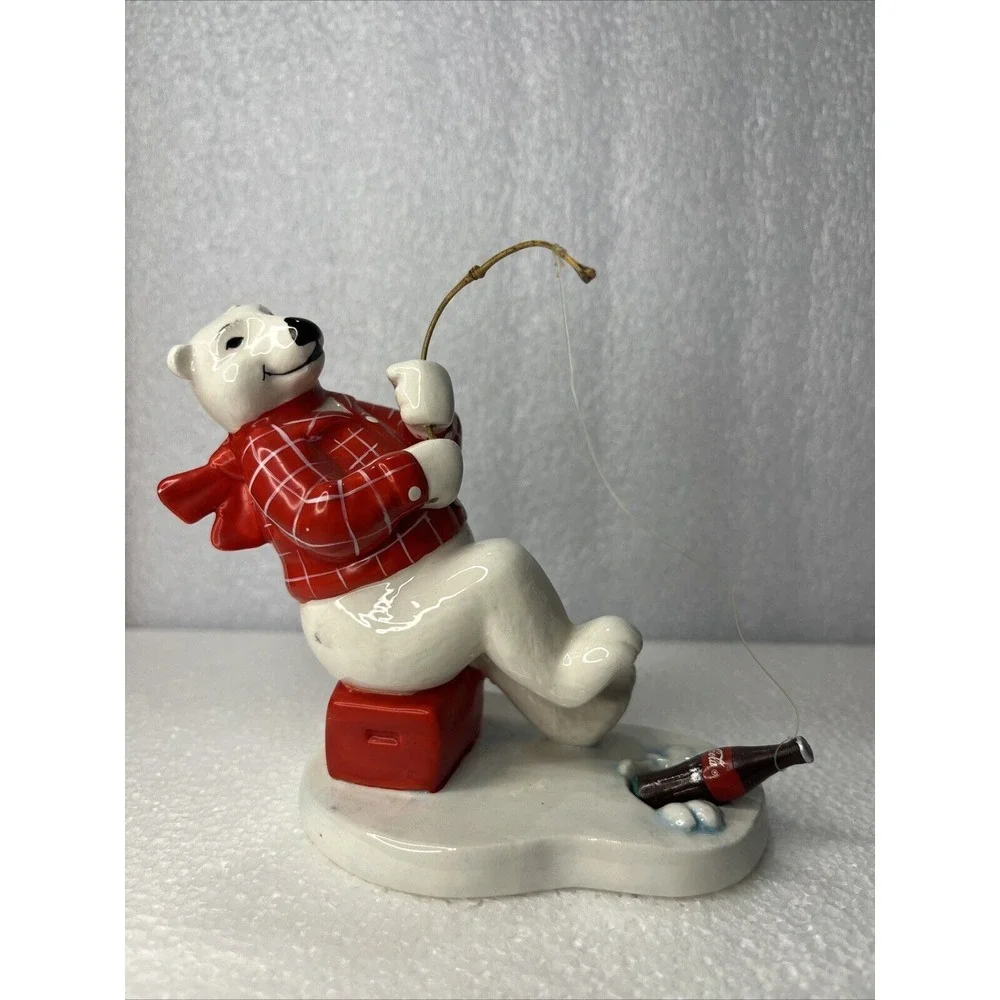 Coca‎ Cola 1995 Enesco Ceramic Polar Bear Ice Fishing & Skating Vtg Ornaments